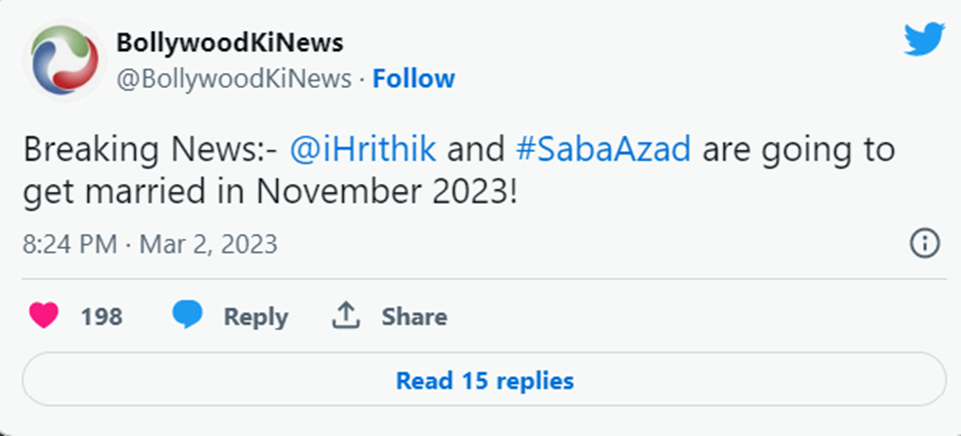 Hrithik Roshan and Saba Azad will get married this year in November according to a viral tweet.
