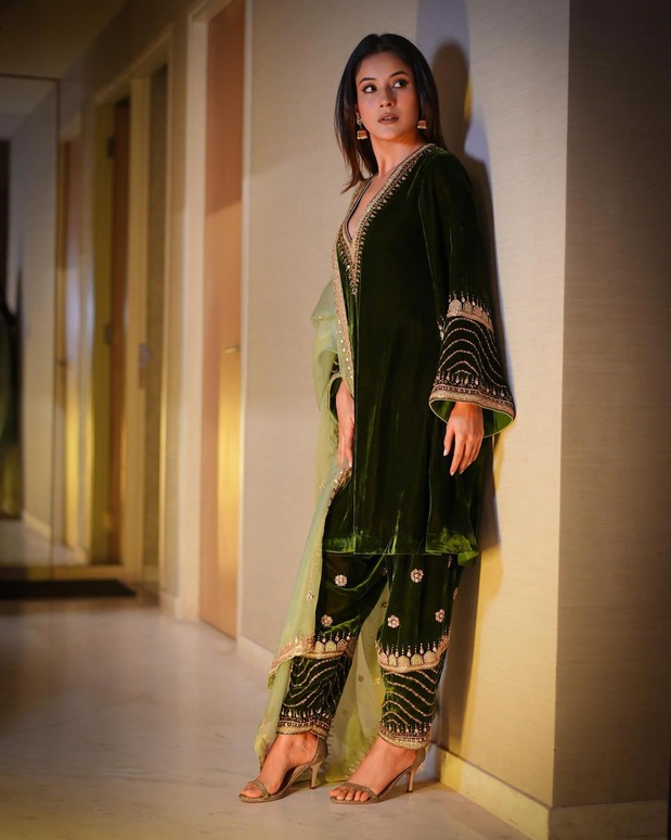 Shehnaaz Gill's Velvet Mehendi Green Salwar Kameez