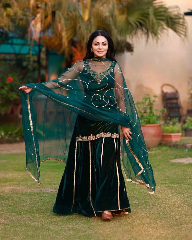 Neeru Bajwa Teal Green and Gold Sharara Ensemble